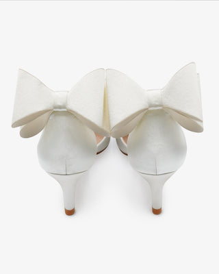 Satin Pointy Toe Kitten Low Heel Wedding Shoes with Back Tuxie BowWomen Shoes