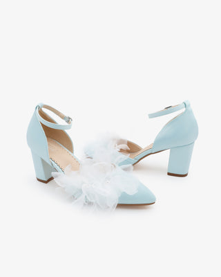 Satin Almond Toe Block Heels Wedding Shoes with Ophelia FlowersWomen Shoes