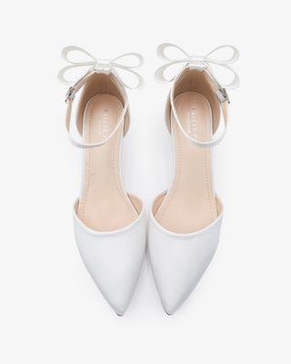 Satin Pointy Toe Kitten Low Heel Wedding Shoes with Back Tuxie BowWomen Shoes