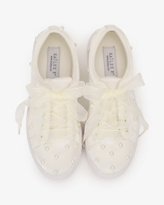 Satin Wedding Platform Sneakers with Scattered Pearls