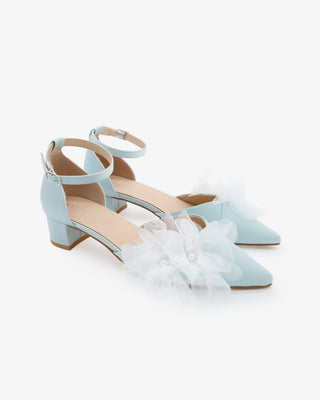 Satin Pointy Toe Low Block Heels Wedding Shoes with Ophelia Flowers