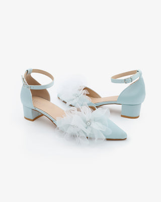 Satin Pointy Toe Low Block Heels Wedding Shoes with Ophelia Flowers
