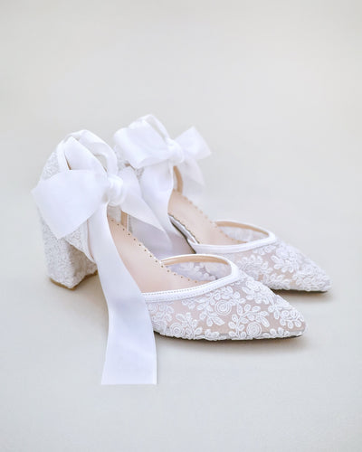 white lace block heels with ankle tie