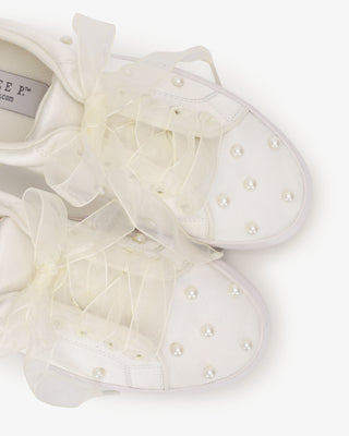 Satin Wedding Platform Sneakers with Scattered Pearls