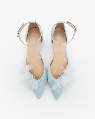 Satin Pointy Toe Low Block Heels Wedding Shoes with Ophelia Flowers