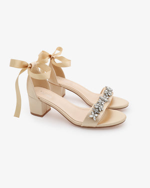 Satin Block Heel Sandals with Floral Rhinestones