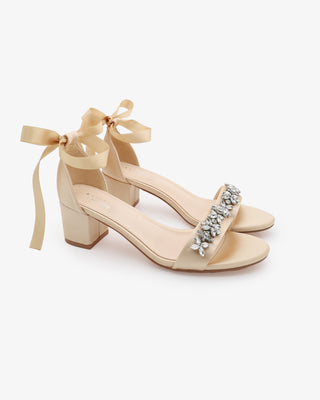 Satin Block Heel Sandals with Floral Rhinestones