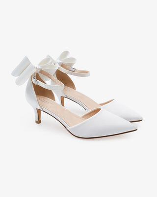 Satin Pointy Toe Kitten Low Heel Wedding Shoes with Back Tuxie BowWomen Shoes