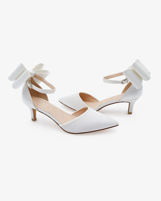 Satin Pointy Toe Kitten Low Heel Wedding Shoes with Back Tuxie BowWomen Shoes