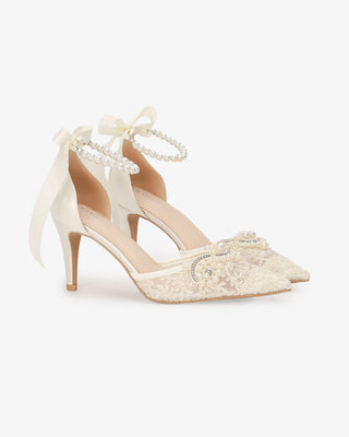 Ivory Lace Bridal Heels with Small Pearls Applique and All Pearls Ankle Strap