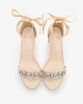 Satin Block Heel Sandals with Floral RhinestonesWomen Shoes