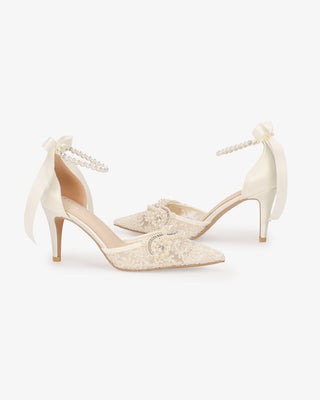 Ivory Lace Bridal Heels with Small Pearls Applique and All Pearls Ankle Strap