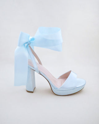light blue satin platform block heel wedding sandals with wrapped ankle tie