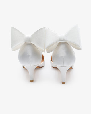 Satin Pointy Toe Kitten Low Heel Wedding Shoes with Back Tuxie BowWomen Shoes