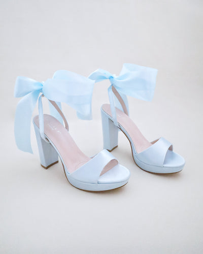 light blue satin platform block heel wedding sandals with wrapped ankle tie