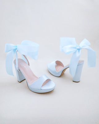 light blue satin platform block heel wedding sandals with wrapped ankle tie