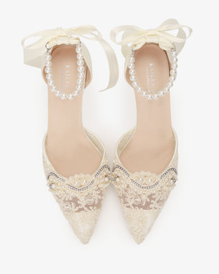 Ivory Lace Bridal Heels with Small Pearls Applique and All Pearls Ankle Strap
