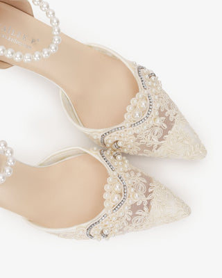 Ivory Lace Bridal Heels with Small Pearls Applique and All Pearls Ankle Strap