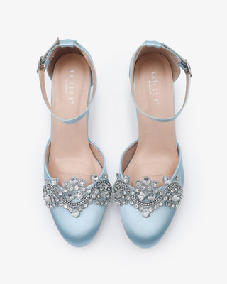 light blue satin wedding shoes with rhinestones applique