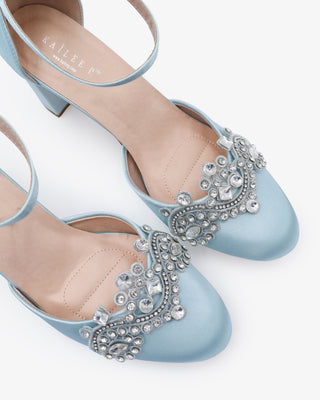 light blue satin wedding shoes with rhinestones applique