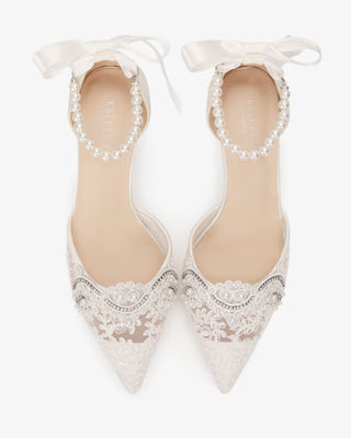 White Lace Bridal Heels with Small Pearls Applique and All Pearls Ankle Strap