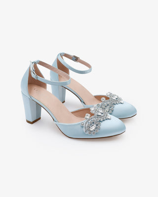 light blue satin wedding shoes with rhinestones applique