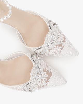 White Lace Bridal Heels with Small Pearls Applique and All Pearls Ankle Strap