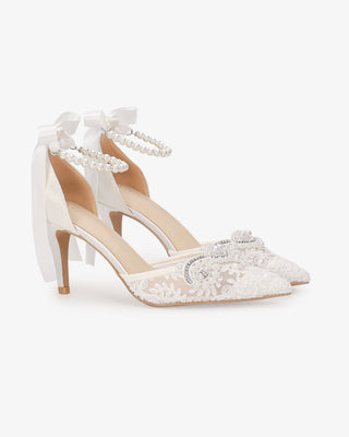 White Lace Bridal Heels with Small Pearls Applique and All Pearls Ankle Strap