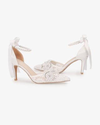 White Lace Bridal Heels with Small Pearls Applique and All Pearls Ankle Strap