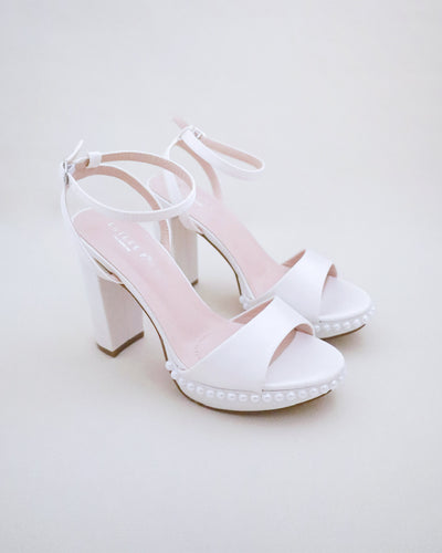 white satin platform block heel wedding sandals with pearls