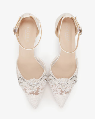 White Lace Bridal Heels with Small Pearls Applique