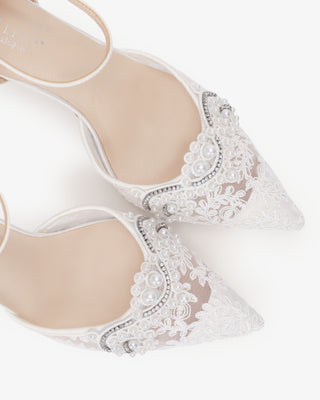 White Lace Bridal Heels with Small Pearls Applique