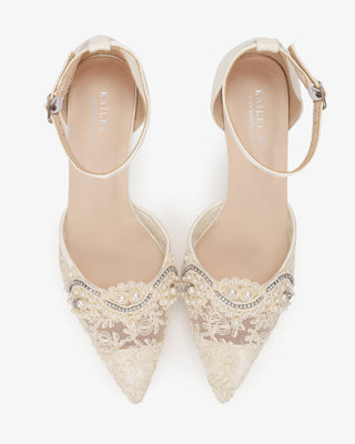 Ivory Lace Bridal Heels with Small Pearls Applique and All Pearls Ankle Strap