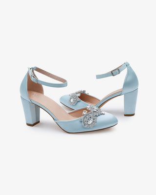 light blue satin wedding shoes with rhinestones applique