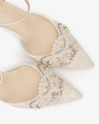 Ivory Lace Bridal Heels with Small Pearls Applique and All Pearls Ankle Strap