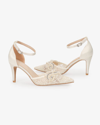 Ivory Lace Bridal Heels with Small Pearls Applique and All Pearls Ankle Strap