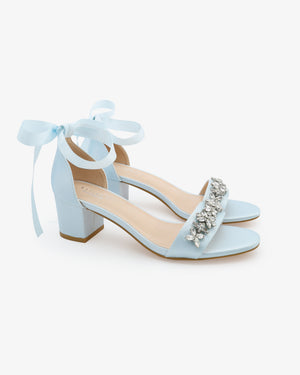 Satin Block Heel Sandals with Floral Rhinestones