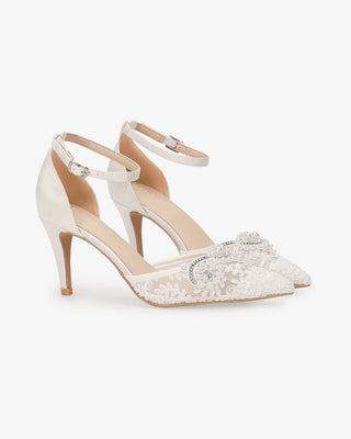 White Lace Bridal Heels with Small Pearls Applique