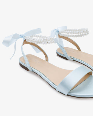Light Blue Satin Wedding Flat Sandal with Double Pearls Strap Women Shoes