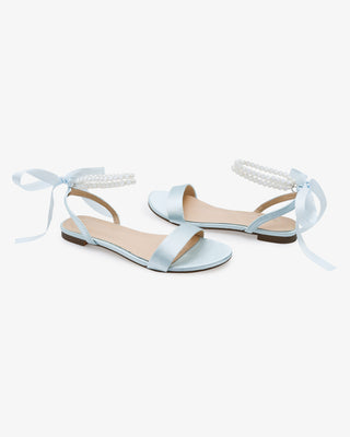 Light Blue Satin Wedding Flat Sandal with Double Pearls Strap
