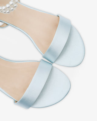 Light Blue Satin Wedding Flat Sandal with Double Pearls Strap Women Shoes