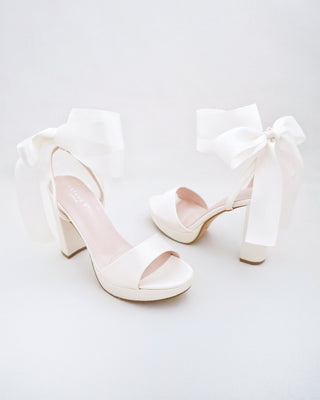 ivory satin platform block heel wedding sandals with wrapped ankle tie