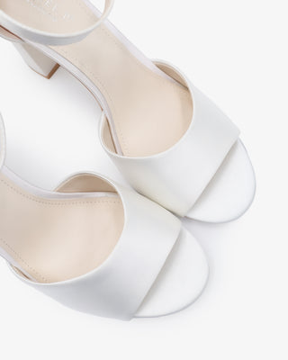 White Satin Block Heel Wedding Sandals with Back Tuxie Bow, Bridal shoes