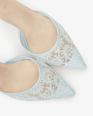 Light Blue Lace Heels with Wrapped Sheer Ankle Tie For Brides