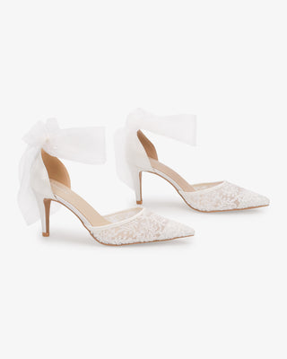 White Lace Heels with Wrapped Sheer Ankle Tie For Brides