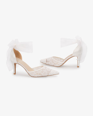 White Lace Heels with Wrapped Sheer Ankle Tie For Brides