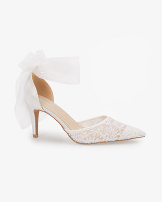 White Lace Heels with Wrapped Sheer Ankle Tie For Brides