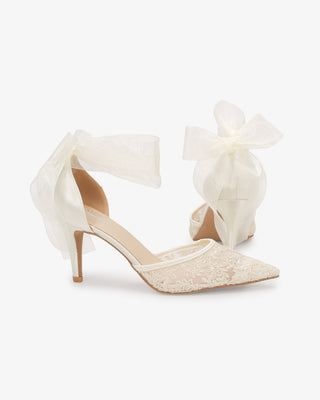 Ivory Lace Heels with Wrapped Satin Ankle Tie For Brides