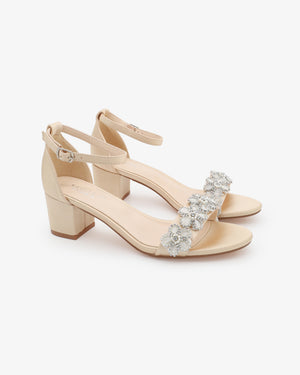 Satin Evening Block Heel Sandals with Rhinestones Chassia Flower