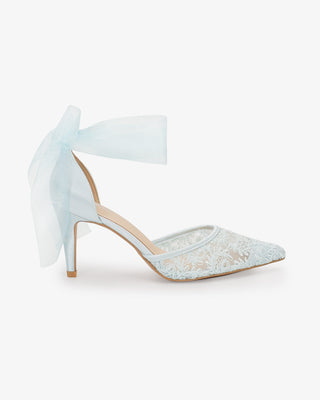 Light Blue Lace Heels with Wrapped Sheer Ankle Tie For Brides